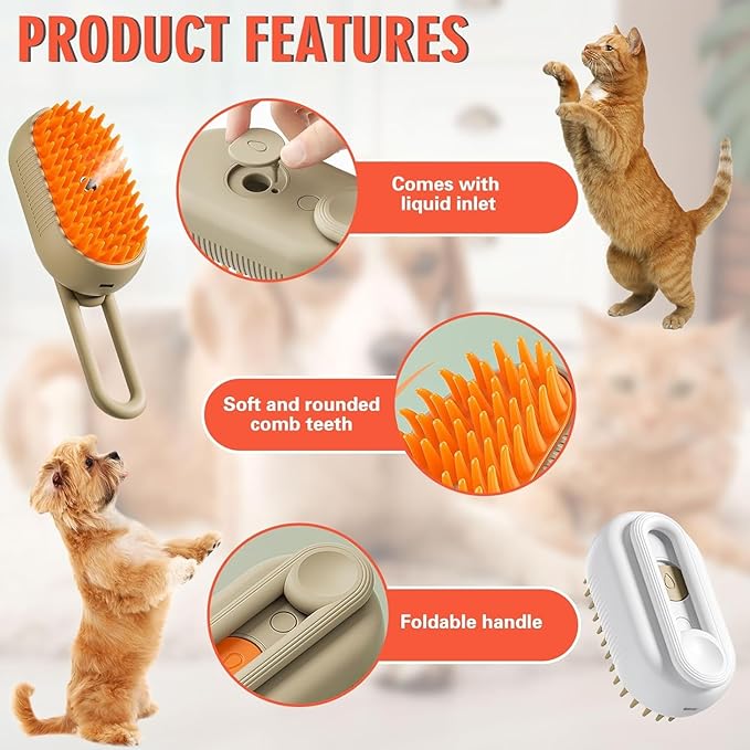 3 in 1 pet steam brush with soft comb teeth and foldable handle for grooming pets