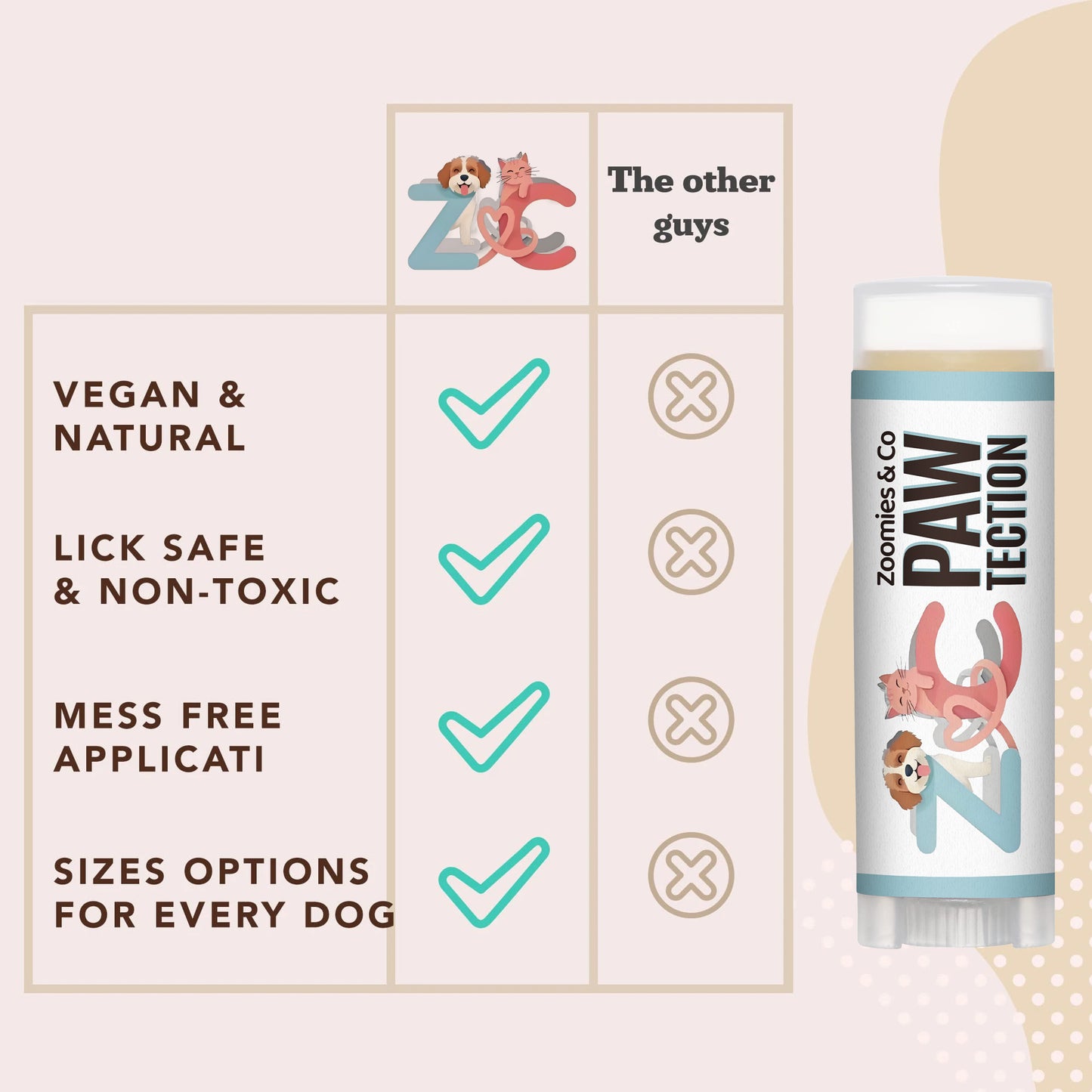 Zoomies & Co Natural Dog Paw Care Balm in a tube with vegan ingredients and mess-free applicator