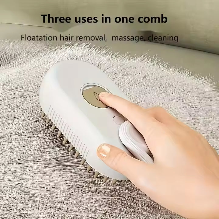 3 in 1 pet steam brush with floatation hair removal, massage, and cleaning features in use