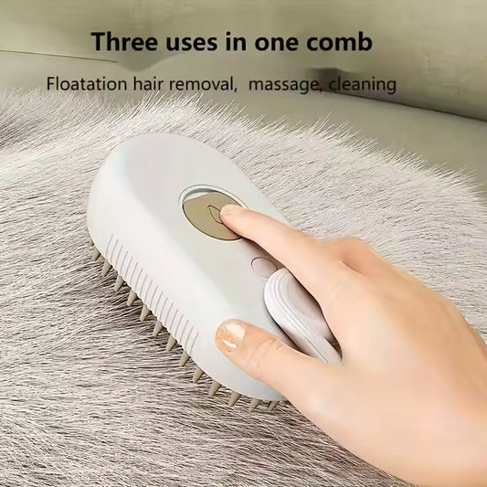 3 in 1 pet steam brush with floatation hair removal, massage, and cleaning features in use