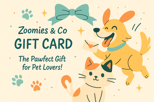 Zoomies & Co gift cards for pet lovers featuring a playful dog and cat design