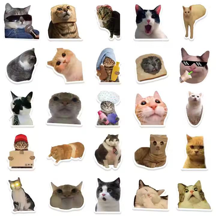 Silly cat sticker collection featuring various funny and cute cat expressions and poses