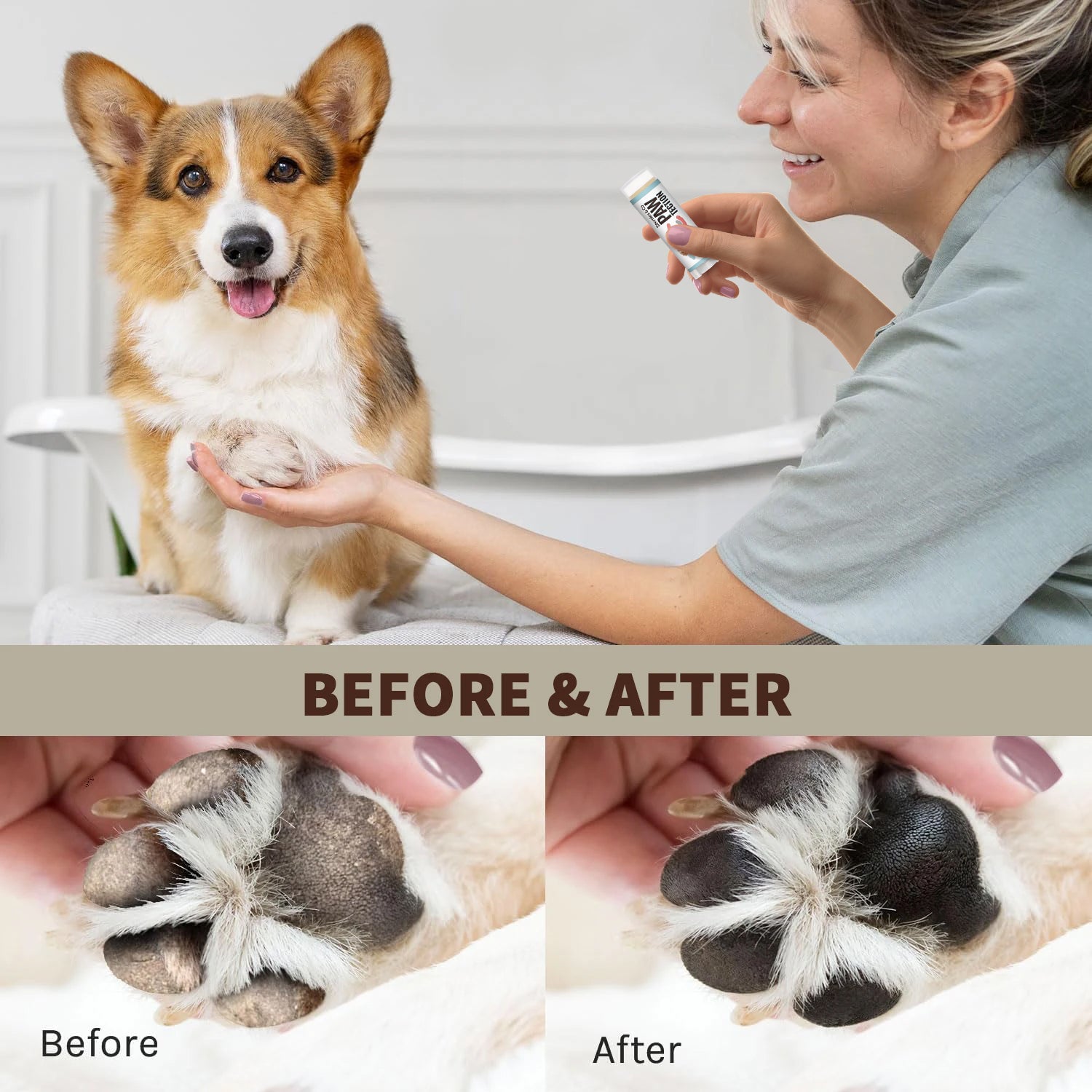 Corgi enjoying natural dog paw care treatment with before and after paw results